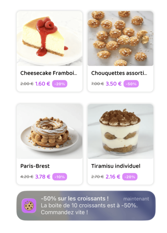 Côté client : les produits en promotion et une notification iOS annonçant moins 50 % sur les croissants.