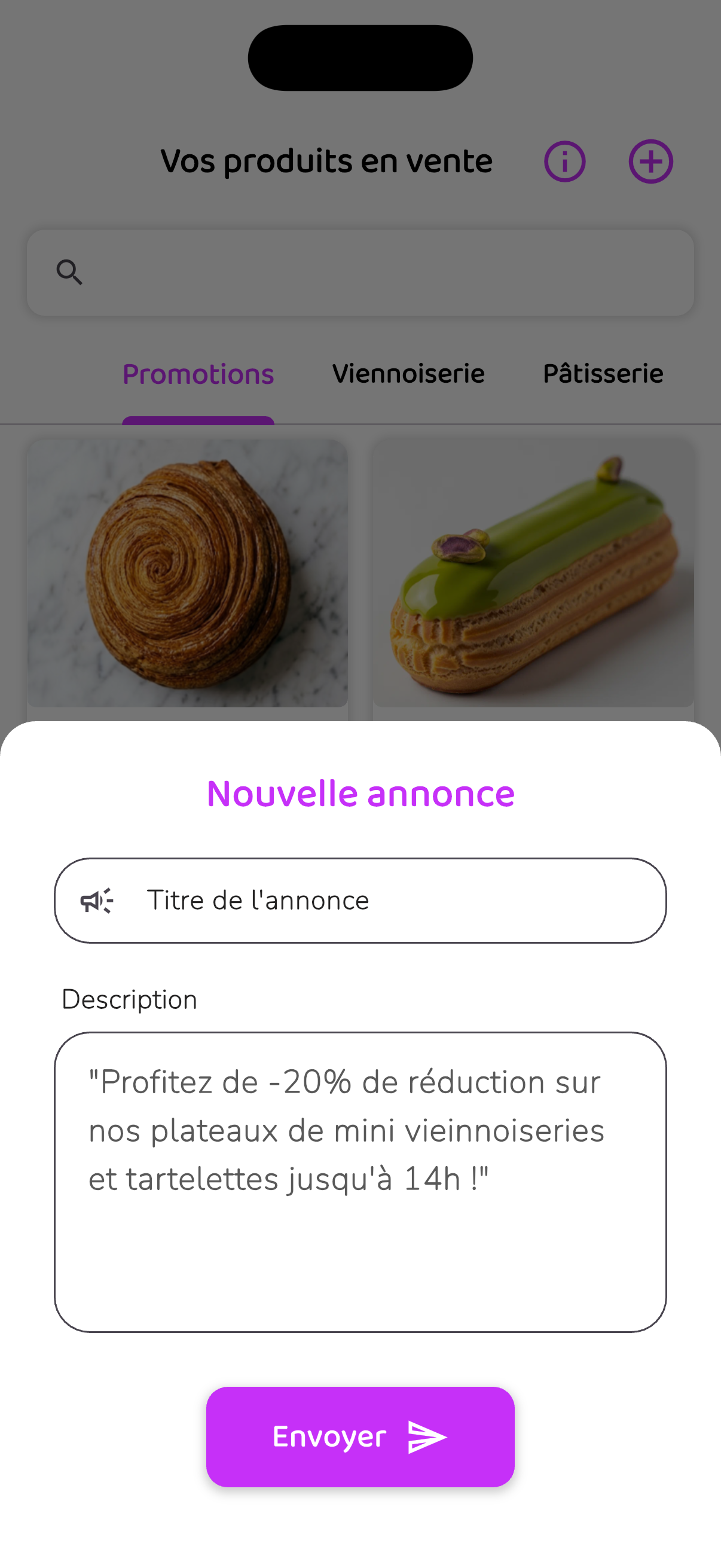 Côté boutique : création d’une annonce avec son titre, sa description et le bouton Envoyer.