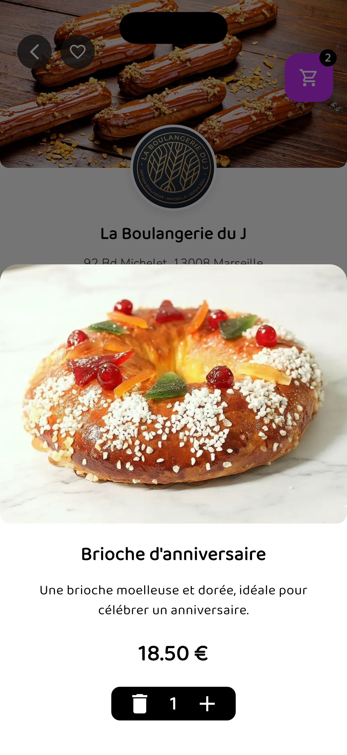 Ajout d’une brioche d’anniversaire au panier dans l’application OOGA.