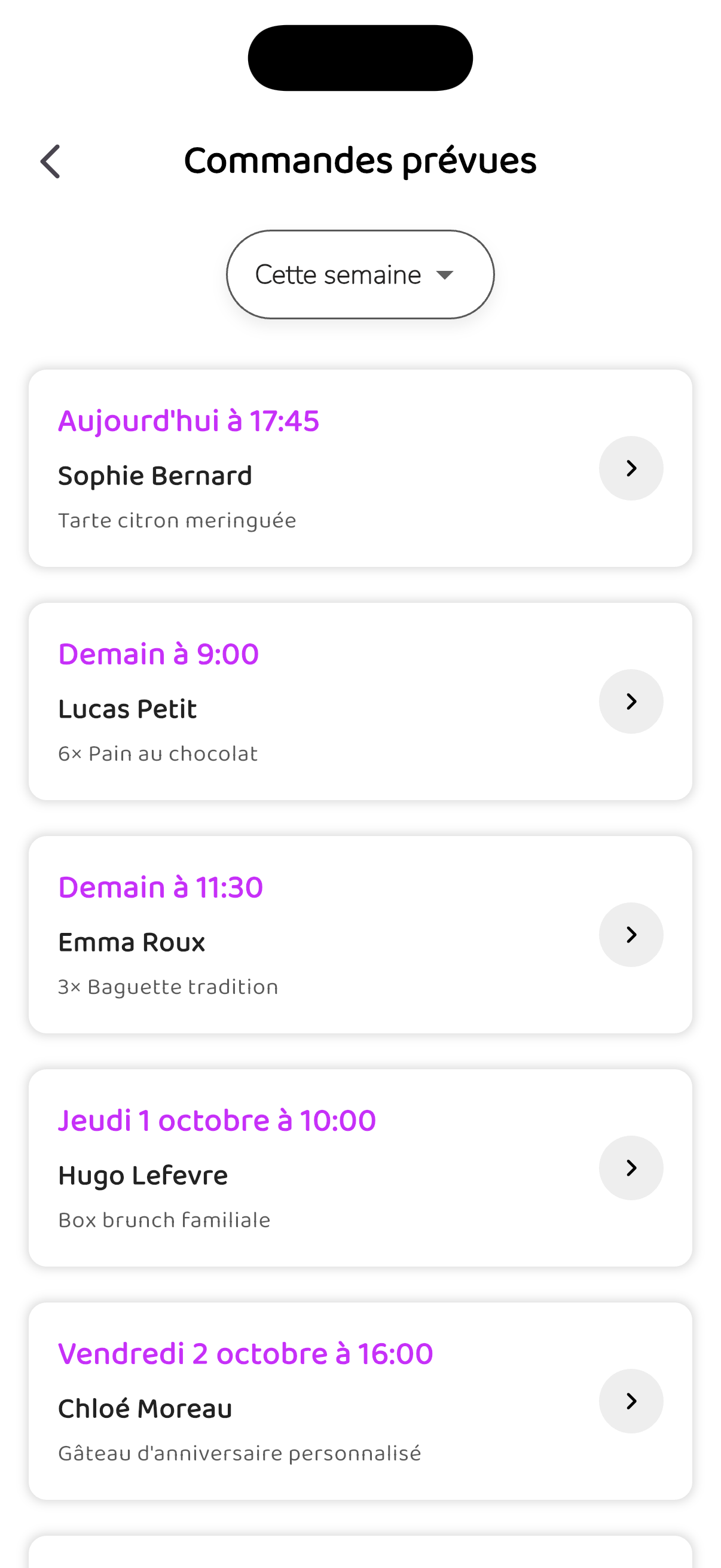 Planning des commandes à préparer et horaires de retrait.